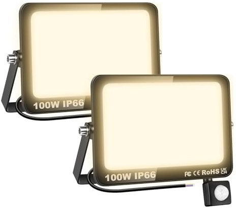 AUXTINGS 2 stycken 100 W LED-projektor säkerhet med PIR-rörelsedetektor, 1 0 000 lumen 4 000 K varmvita utomhuslampor, vattentät utomhus LED för trädgård, garage, veranda, uteplats