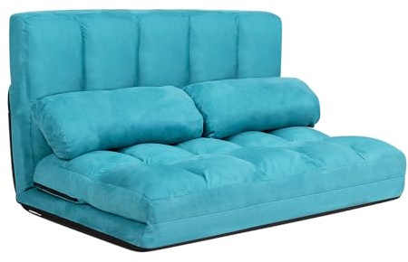 GOPLUS 2 Sitzer Bodensofa mit 2 Kissen, 3 in 1 Sofabett Liege Sofa mit 6 stufig Verstellbarer Rückenlehne, Klappsofa mit Schlaffunktion für Wohnzimmer Schlafzimmer (Blau)