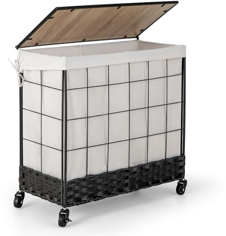 COSTWAY Laundry Basket on Wheels, 110L/130L Woven Rattan Laundry Hamper with Wooden Lid and Removable Liner Bag, Metal Frame 2-Compartment Laundry Sorter Dirty Clothes Bin Washing Basket (66x33x67cm)