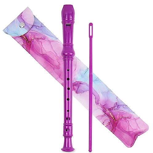 Czzmy Flûte à bec soprano,avec sac en cuir pu, tige de nettoyage et tableau des doigtés,8 trous C clé Flûte à bec doigté baroque/allemand instrument à vent pour débutants(2-Jet d'encre bleu violet)