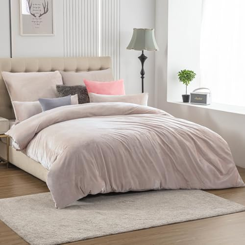 Soifox Juego de ropa de cama de franela de invierno de 220 x 240 cm, color beige, mullida y cálida, funda de edredón y funda de almohada de 80 x 80 cm con cremallera