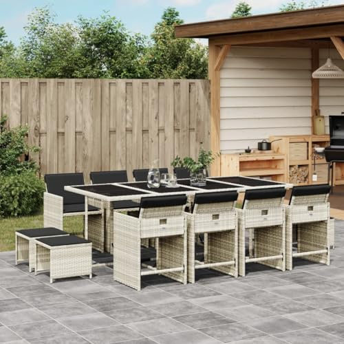 Faroom Polyrattan Sitzgruppe for 12 Personen - Gartenmöbel Set 12 Stühle mit Tisch mit Glasplatte & Kissen - Garten Sitzgruppe - Polyrattan Gartenmöbel Set für Garten & Terrasse Hellgrau AS 27
