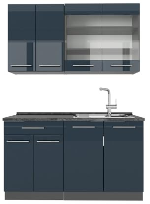Vicco Singleküche Fame-Line, Dunkelblau Hochglanz/Anthrazit, 140 cm ohne Arbeitsplatte