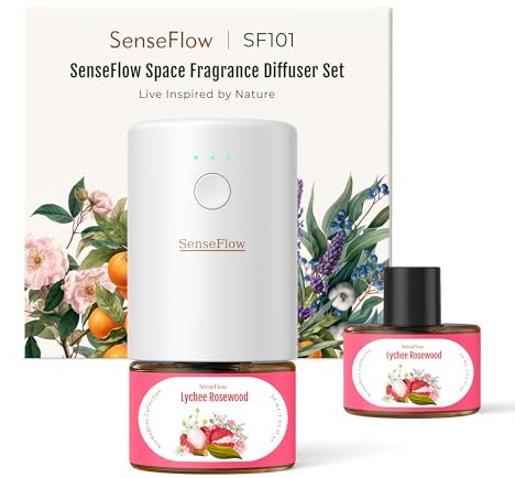 SenseFlow Aroma Diffuser für Ätherische Öle SF101, Wasserloser Ultraschall Duftstecker Raumduft, 100% pflanzlich Lufterfrischer, 120-Tage Aroma für Zuhause, Hotel - bis zu 100 m² - Litschi Palisander