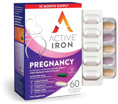 Active Iron Pregnancy Supplement 25mg + Multivitamin – Clinically Proven to Increase Iron & Support Foetal Development – Non-Constipating - Pregnancy & Postpartum Support – 30 Capsules + 30 Tablets