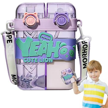 FmtwPhn Botella de agua para niños con pajita, vaso para niños | Botellas de agua para niños con dos compartimentos, botella de agua de viaje – Vaso infantil ligero a prueba de fugas para niños y
