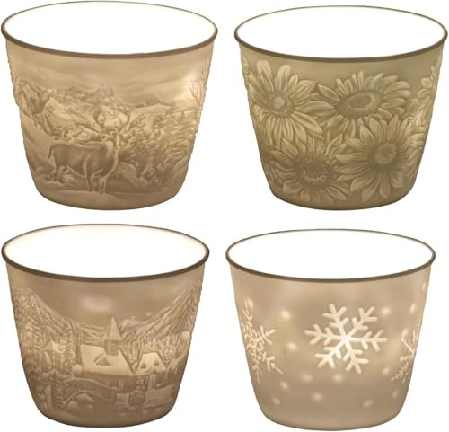 4 Weisse Keramik Teelichthalter mit 4 verschiedenen Motiven Weihnachten 4er Set Teelicht Schneeflocke, Blumen, Winterdorf, Landschaft mit Hirsch, für Weihnachtskerzen, Advent
