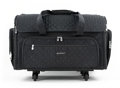 Everything Mary XXL Roll-Nähmaschinenkoffer, schwarz, gesteppt, mit 4 Rollen, geräumiger Aufbewahrungs-Organizer mit Taschen für Näh- und Bastelbedarf