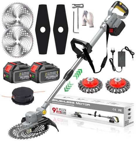 Cordless Strimmer with Weed Brush 21V Grass Strimmer with 2 x 4.0Ah Battery and Charger Brushless Electric Garden Strimmer 4 in 1 Battery Strimmer Brush Cutter Adjustable Telescopic, Grey