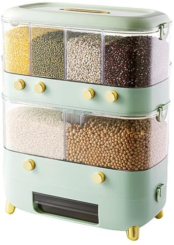 TsoLay Rice Container, Wall-Mounted 6 Grid Double Layer Dry Food Dispenser with Lids, Individual Compartment Design Lentil Storage, Waterproof for Rice, Black Rice, Soybean Corn