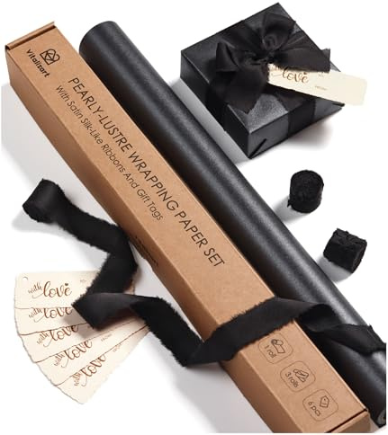 Vitalizart 43 cm x 5 m Schwarzes Geschenkpapier mit Schwarzes Geschenkband | Geschenkpapier Set mit Geschenkanhänger Recycelbar, Perlglanz Papierrolle für Weihnachten Geburtstag Hochzeit Geschenk