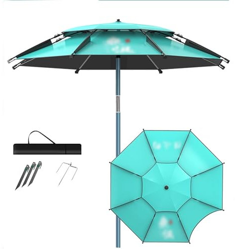 Ombrellone da Spiaggia, Ombrellone da Pesca Antivento per Esterni con Ancore in Metallo, Borsa da Trasporto, Ombrellone UV UPF 50+, Palo in Alluminio Inclinabile a 360°(220cm/7ft)