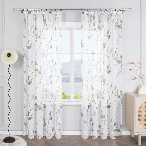 Transparenter Vorhang mit Blattdruck, 140 x 260 cm, Grün – Plissee-Vorhänge für Wohnzimmer und Schlafzimmer, elegante Fensterbehandlung, 1 Stück