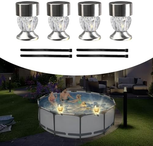 Solar Frame Pool Light Above Ground Pools,4PCS Warm Solar Pool Lights with Belts,Waterproof Swimming Pool Accessories Night Lights for Garden Fence Outdoor Lighting Decor