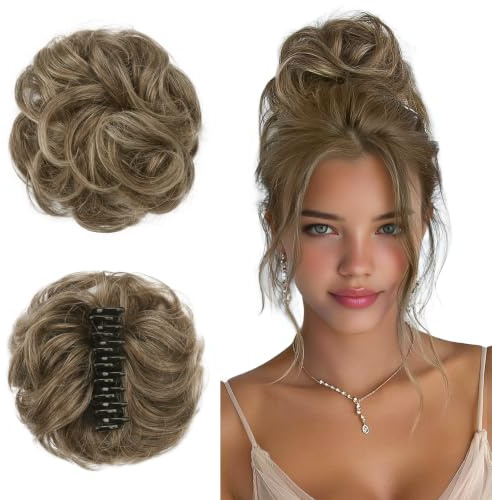 Sofeiyan Messy Bun Haarteil mit Klammer 100% Haarteile Echthaar Dutt Gewelltes Locken Clip in Claw Hair Scrunchies für Damen,Hellbraun Gemischt mit Hellblond Zerzauste Echtes Haar Chignon