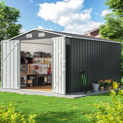 DAUSOLA 10x12 FT Outdoor Storage Shed, Metal Garden Tool Shed with Updated Frame Structure and Lockable Doors, Ideal for Backyard Garden Patio Lawn, Grey
