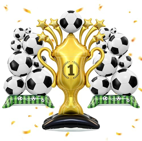 3 Pezzi Palloncino a Forma di Pallone da Calcio in Alluminio,Palloncino Foil Trofeo | Palloncino con trofeo grande e palloncino da calcio, XXL, decorazione per compleanno dei bambini, palloncino da calcio 3D