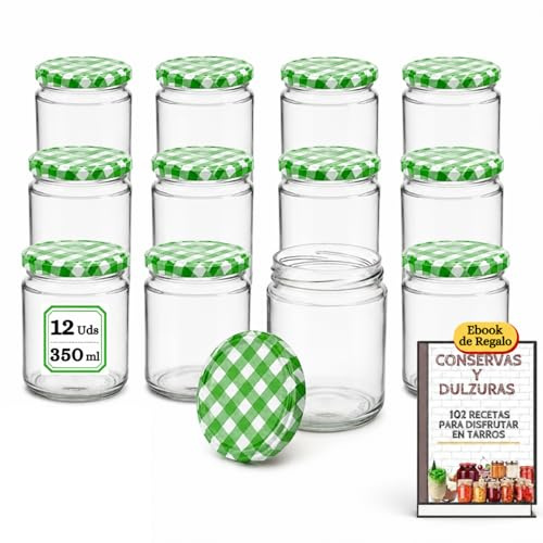 MundoTarros - 12 Tarros de Cristal 350 ml con Tapa Metálica Hermética Verde y Blanca, Botes de Vidrio para Conservas, Mermeladas, Salsas, Miel, Legumbres y Despensa, con Etiquetas y Recetario PDF