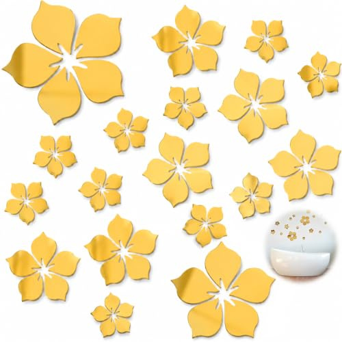 LYEGJT 1 Set Adesivi Murali, Removibile Adesivi da Parete a Specchio, Floreali di Cristallo 3D Adesivi Murali Camera da Letto da Muro per Casa/Hotel/Salotto/Camera da Letto/Cucina（D'oro）