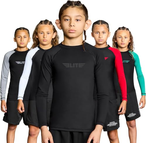 Elite Sports Rash Guards for Boys and Girls, Full Sleeve Compression BJJ Kids and Youth Rash Guard Grey