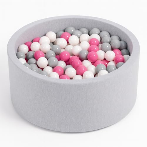 Angelove Bällebad Ø 90 × 30 cm mit 200 Bällen - Rundes Bällchenbad aus Schaumstoff, Abnehmbarer Bezug, Coton, Hellgrau