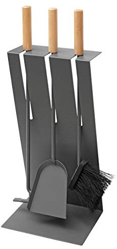 raik Kaminbesteck Gustav 3-teilig aus Stahl Kamin Utensilien anthrazit grau Kamingarnitur mit Holzgriffen Schaufel Besen und Schürhaken 60x23x17 cm
