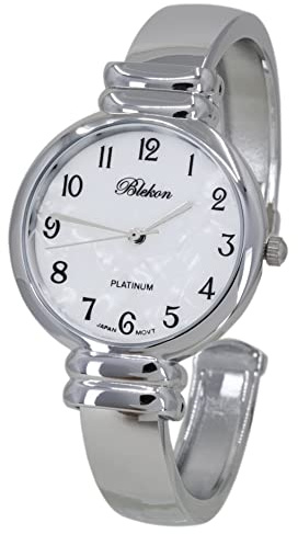 Blekon Original Mother of Pearl Cuff Bracelet Watch for Women with 31mm case Japanese Quartz Movement Metal hinged Bangle Style Cuff Wrist Watch for Ladies… (Silver)