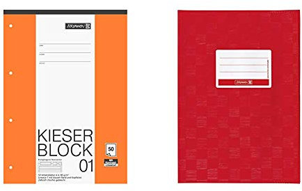 Brunnen 1042941 KIESER-Block Lineatur 1 (A4, 50 Blatt, gelocht, 80 g/m², Klasse 1) & 104052524 Hefthülle/Heftumschlag (A5, Folie, mit Namensschild) rot