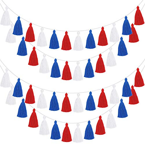 WILLBOND 4 ghirlande con nappe rosse, bianche e blu, per decorazioni patriottiche, decorazione per il 4 luglio, decorazione da parete in aula bohémien, in cotone pastello, striscione con nappe per