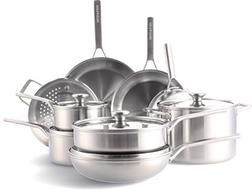 Merten & Storck Tri-Ply Stainless Steel Induction 14 Piece Cookware Pots and Pans Set, Includes Frying Pans, Saucepans, Stockpot, Lids, Steamer, Multi Clad, Induction, Oven Safe, Silver