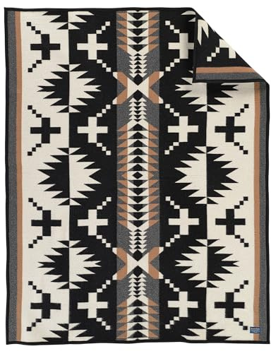 Pendleton Jacquard Wool Throw 54 x 64, Soft and Warm Wool Cotton, Napped Fabric, Reversible All Season Throw Blanket for Sofa, Bed and Home Décor, Dry Clean, Made in USA - Spider Rock Black/White