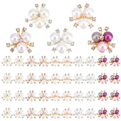 PandaHall 50 Stück Perlen-Strass-Knöpfe, Faux-Perlen-Verzierungen, Perlenbrosche, Flatback-Verzierungen, Knöpfe, Blume, Kristall, Strass-Knopf Für Die Schmuckherstellung, Kleidung, Taschen, Schuhe