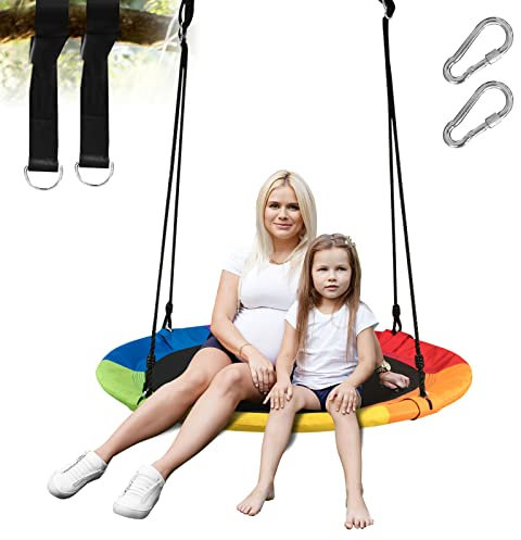 RELAX4LIFE Altalena da Giardino per Bambini, Altalena Rotonda a Nido per Esterno e Interno, Altezza Regolabile 100-180cm, per 2-3 Bambini, Carico massimo: 150kg (Colorato+Chinghia)