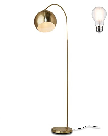 KHG Bogenleuchte in Gold-Optik Finish Metall, Standlampe, für den Alltag | mit schwenkbarem Lampenschirm, E27 Fassung mit Leuchtmittel, Bogenlampe mit praktischem Fußschalter und stabilem