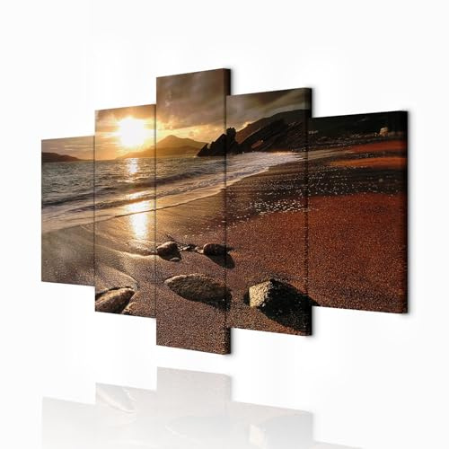 decomonkey - Tableau Acoustique Plage Mer 200x100 5 Pièces - Impression sur Toile Décoration Maison Isolation Phonique Déco Bureau Montagnes pierre mer ciel sable plage rochers coucher de soleil
