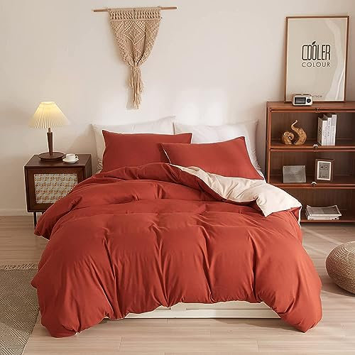 PinkMemory Burnt Orange Duvet Cover King Modern Reversible Burnt Orange and Beige Cream 100% Brushed Microfiber Terracotta Bedding Set 230cm x 220cm with Pillowcases Zipper Closure-Ultra Soft