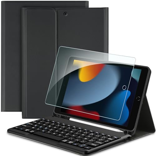 EasyAcc Étui Clavier pour iPad 9ème/8ème/7ème Génération Compatible avec iPad 10,2 Pouces avec Film de Protection, [Français], Étui de Protection pour Clavier Amovible avec Porte-Stylo, Noir