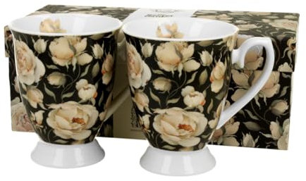 DUO FLORAL 2er-Set königliche Tassen 300 ml ENGLISH ROSES BLACK New Bone China Porzellan