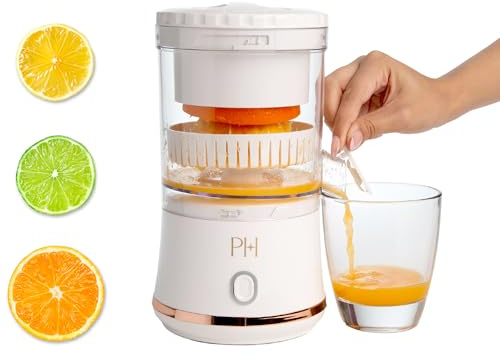 Paris Hilton Electric Citrus Juicer, Mini Portable Cordless Juicer with USB Rechargeable Base, One-Touch Button, Compact Lemon, Lime and Orange Juicer, White