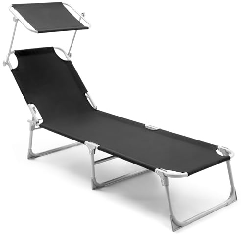 LIFERUN Chaise longue de jardin pliable en aluminium avec dossier réglable sur 3 positions, transportable 193 x 53 x 30 cm, en aluminium, pour loisirs, jardin, noir