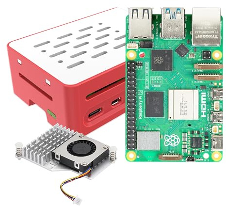 iRasptek Basic Kit för Raspberry Pi 5 8 GB RAM med rött och vitt hölje och aktiv kylare