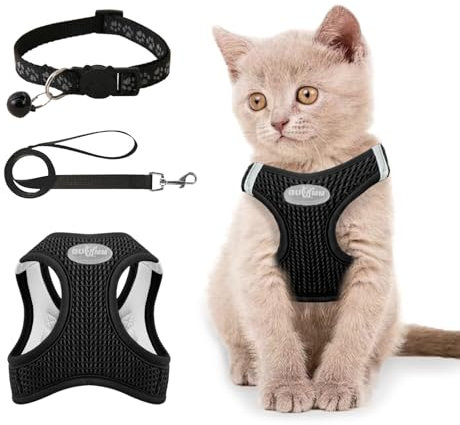 Muecleao Katzengeschirr, Verstellbares Geschirr mit Leine für Katzen, Softgeschirr Katzengeschirr ausbruchsicher verstellbar Katzenweste für Katzen (Schwarz, M)