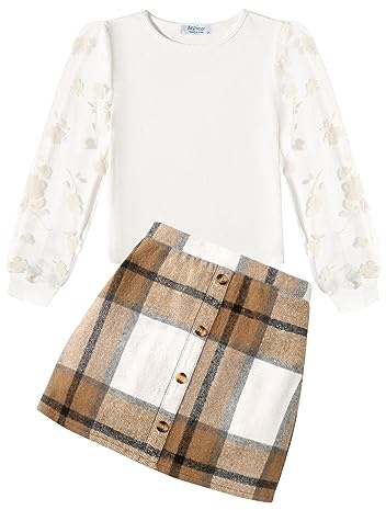 Arshiner Ragazze Completi di Abbigliamento Bambine Elegante Top a Maniche Lunghe con Plaid Gonna Set Autunno Inverno Outfit Moda Coordinati per Ragazze 12-13 Anni