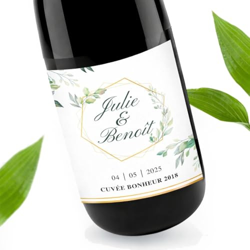 Lot de 6 étiquettes personnalisées, étiquettes bouteilles de vin, champagne, mariage, cérémonie, décoration champêtre, feuilles, prénoms des mariés et date, prix dégressif sur quantité