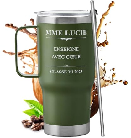 Maverton Mug Isotherme Gravé Vert 600 ml, Cadeau Personnalisé | Gobelet en Acier Inoxydable avec Paille et Boîte, chaud 6h/froid 10h, Cadeau Homme Personnalisé, Cadeau anniversaire femme