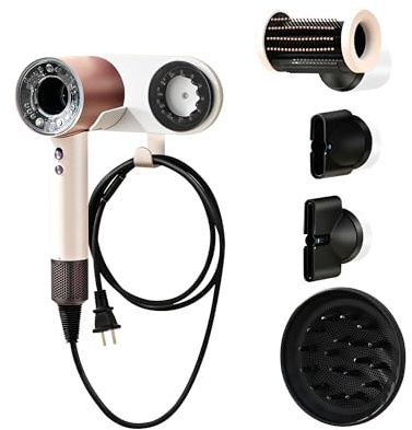 Foyer Nuage Hair Dryer Holder for Dyson Supersonic, Wall Mount Aluminum Alloy Holder with Plug Cord Hook and 4 nozzles Holder (White)