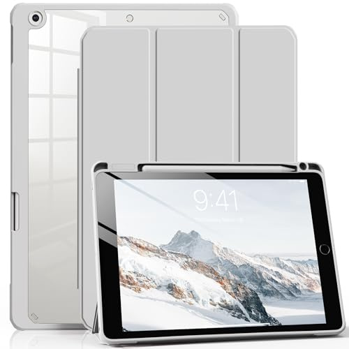 aoub Case for iPad 9th/8th/7th Generation 10.2 Inch (2021/2020/2019) | Transparent Protective Case for iPad 10.2 9/8/7 Gen with Pencil Holder, Shockproof Clear Cover, Auto Wake/Sleep, Grey