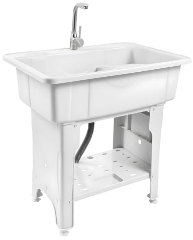 Freestanding Laundry Tub Sink, Utility Sink Laundry Tub with Hot and Cold Faucet, Valves Drain Pipe Heavy Duty Slop Sinks for Laundry Room Bathroom Garage Shop Large Free Standing Wash Etc (whitee)