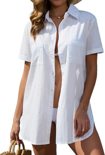 Vancavoo Vestido Playa Mujer Verano Camisa Suelto de Bikini Cover Up Casual Blusas Cardigan Camisolas y Pareos Playa con Botones,Blanco,XXL