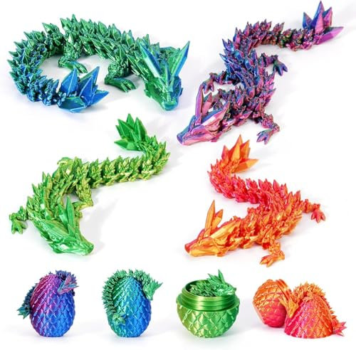 HIMS 4er Set 3D Gedrucktes Drachenei mit Drache, 3D Drachenfiguren im Drachenei, Ewegliche Gelenke Kristall Drachen Spielzeug, Überraschung Easter Dracheneier Wohnkultur